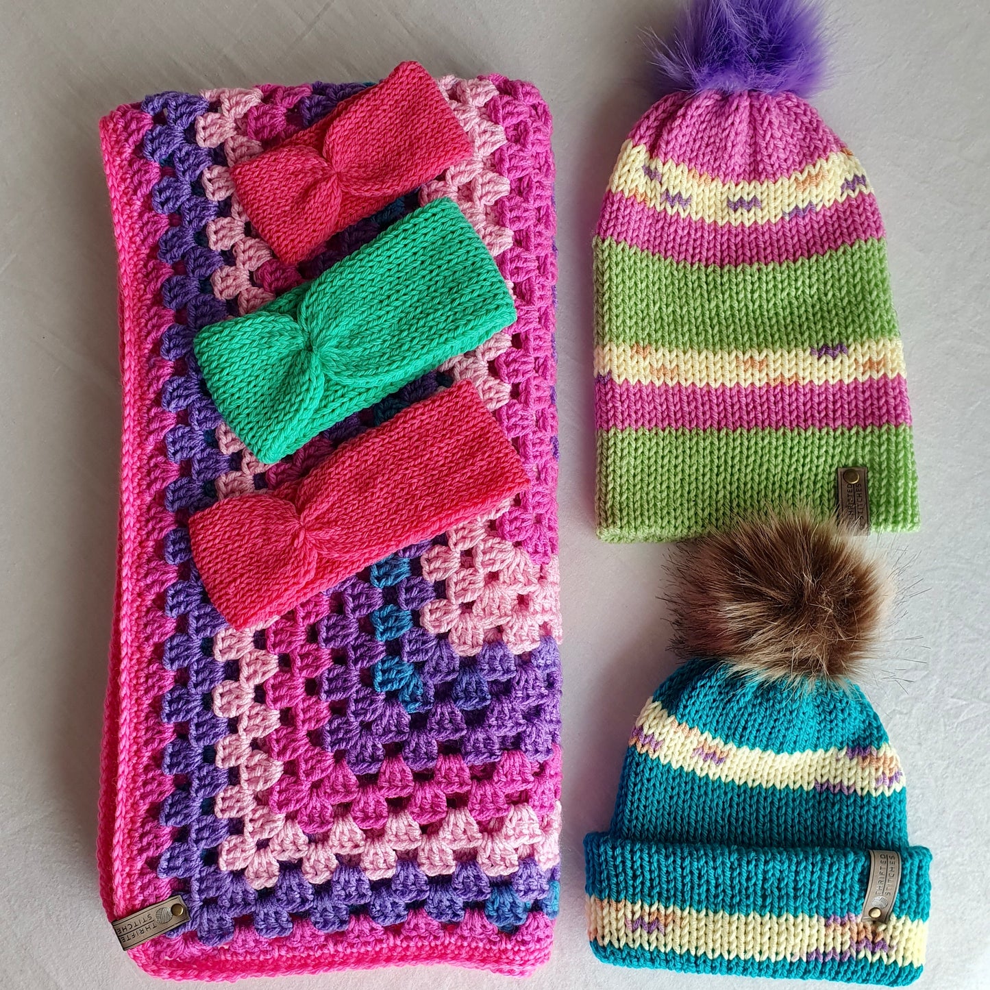 Crochet baby, toddler, child blanket, 2 knitted beanies & 3 x headbands.