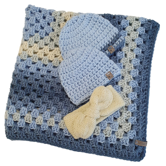 Crochet baby blanket, 2 beanies & 1 headband