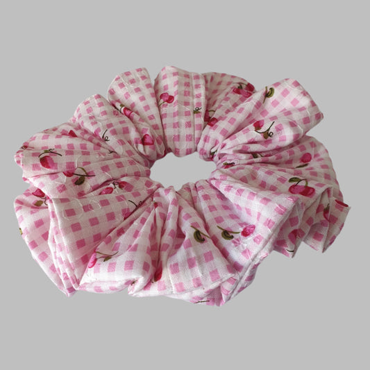 Scrunchie, Large, Pink & White with Cherries