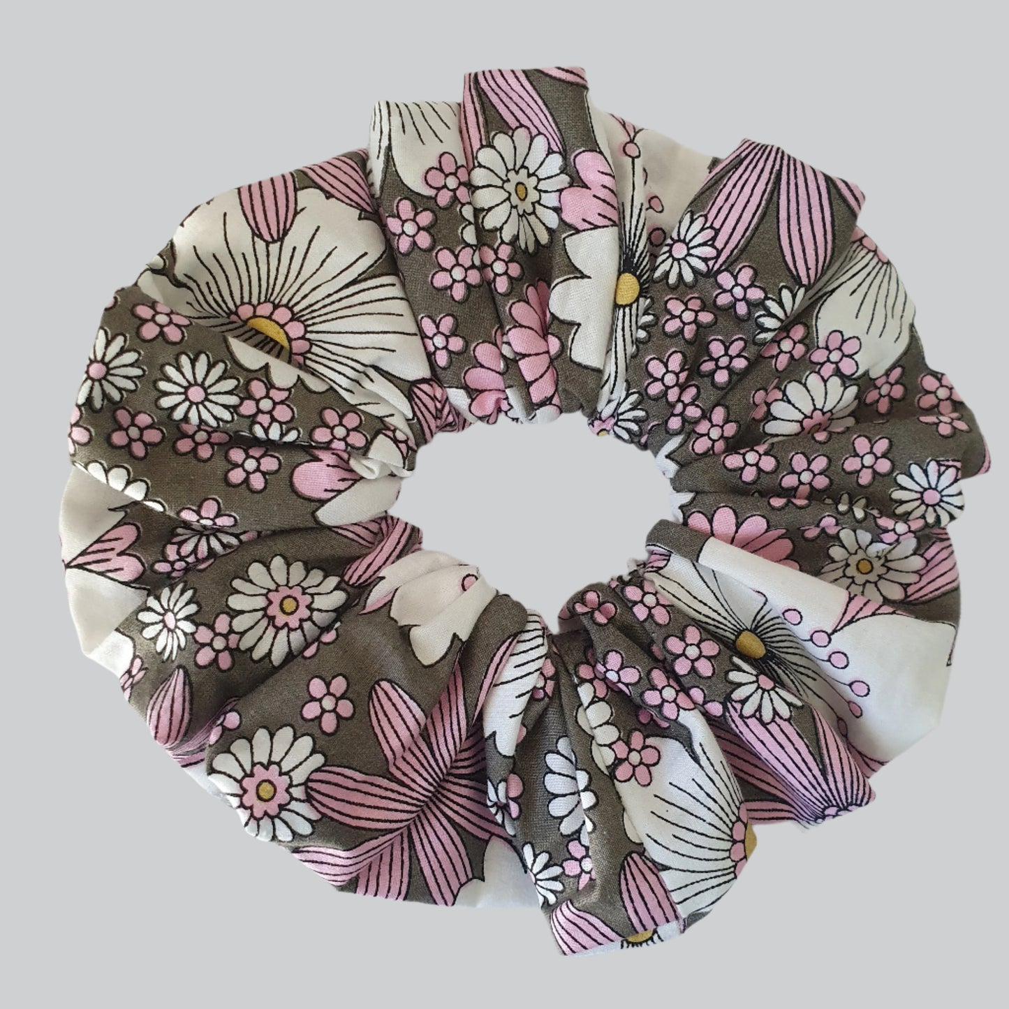 Scrunchie, Large, Pink & White Floral on Brown