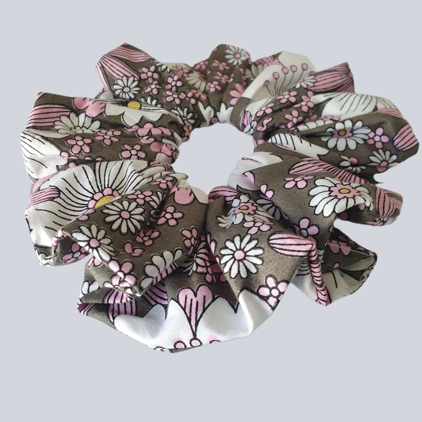 Scrunchie, Large, Pink & White Floral on Brown